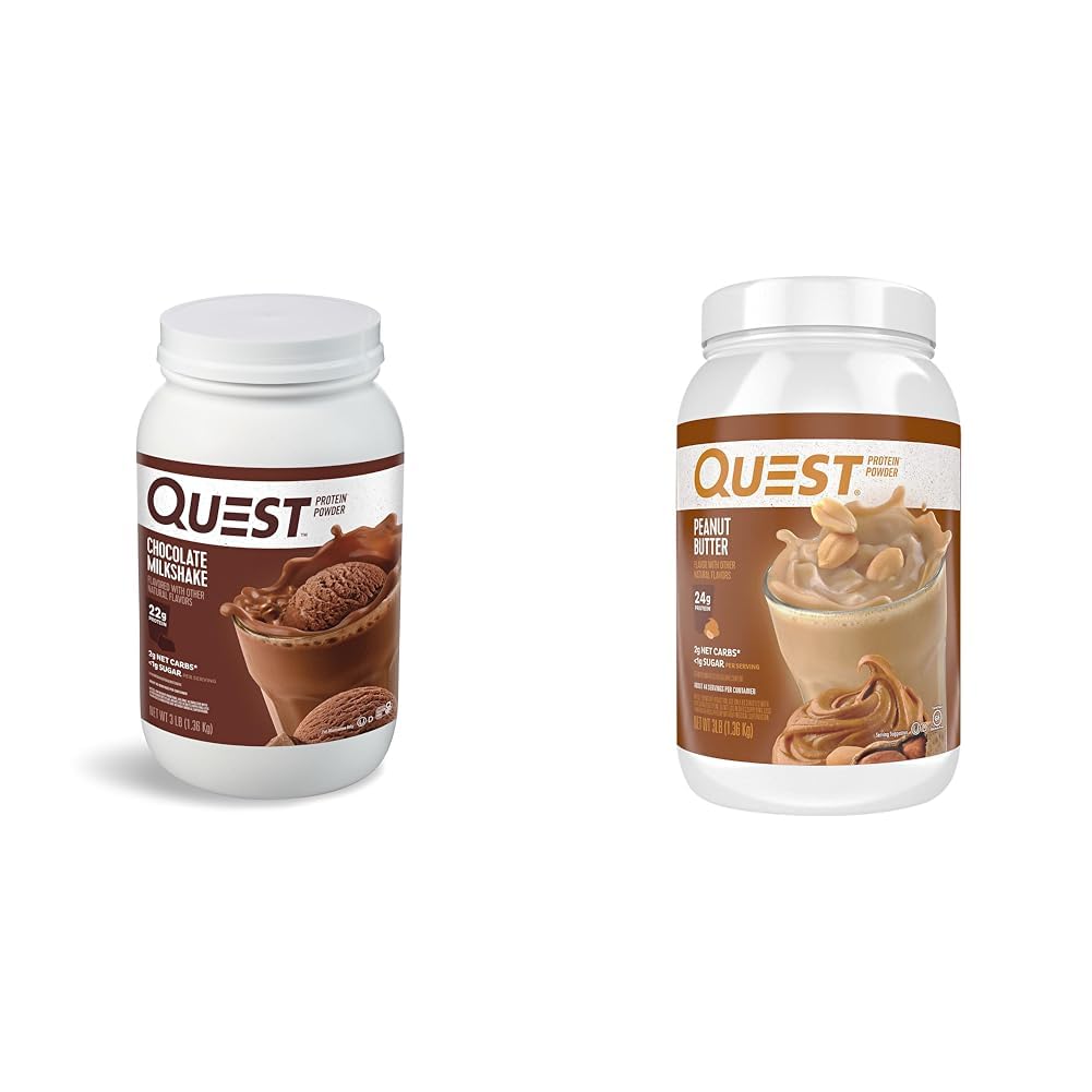 Quest Nutrition Chocolate Milkshake Protein Powder, 22g Protein, 1g Sugar, Carb basso, Gluten Free, 3 Pound, 43 Servings & Peanut Butter Protein Powder, 23g Protein, 1g Sugar, Carb basso, Gluten Free