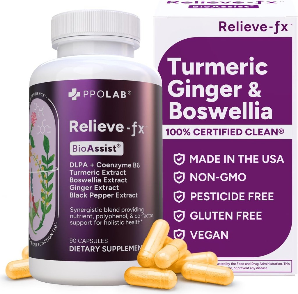 Relieve-fxTM DLPA Boswellia Turmeric and Ginger Supplement, Stress Relief, Cuore, Digestione, Cramp muscolare, Joint, Inflammation Health, Vitamina B6 P5P, Acido boswellico, Curcumina con pepe nero - 90ct