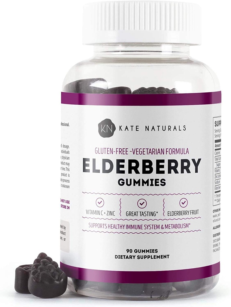 Kate Naturals Elderberry Gummies con vitamina C e zinco per adulti e bambini. Tasty Sambucus Elderberry Gummies per il supporto immunitario (90 Gummies, 45 Day Supply)