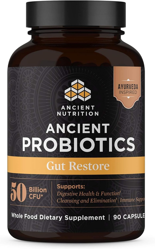 Antichi Probiotici Nutrizione, Gut Restore 90ct con Ginger e Fenugreek, Supporta Funzioni Digestive, Riduce Diarrea, Costipazione, Gas e Bloating, Superfoods Blend, 50 miliardi di CFU*/Serving