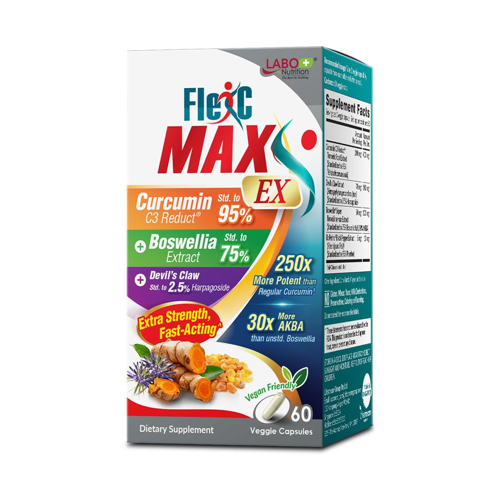 LABO Nutrition FlexC MAX EX con curcumina curcuma C3 Reduct 95% Tetrahydrocurcuminoids, Bioperine, Boswellia Extract & Devil’s Claw, Antiossidazione efficace, Joint & Body Discomfort Relief