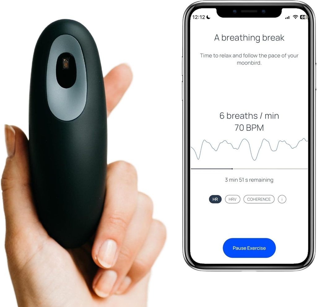 Moonbird strumento di respirazione per il rilassamento e il sostegno del sonno – Respira guidata per il supporto calma, Meditazione e stress – portatile e ricaricabile – Nero Grigio