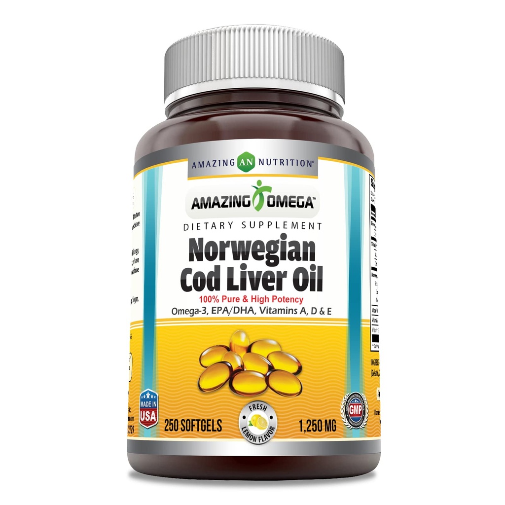 Incredibile Omega Norwegian Cod Liver Oil 1250 Mg Softgels Supplemento | Omega-3, EPA, DHA, Vitamina A, Vitamina D & Vitamina E (Orange | 250 Count)