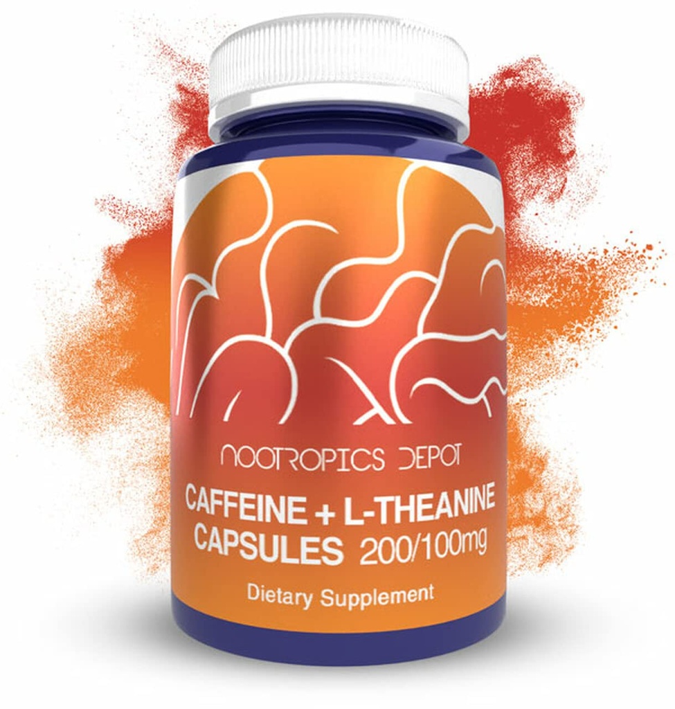 Nootropics Depot Caffeine e L-Theanine Capsules | 60 Count | Contiene 200 mg di caffeina e 100 mg di L-Theanine | Integratore Naturale | Energy Booster | Mental Focus + Alertness | Coffee Alternative