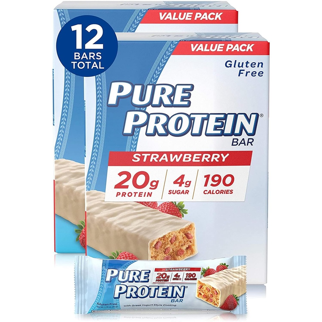 Pure Protein Bars, High Protein, Spuntini nutrienti per sostenere l'energia, basso zucchero, senza glutine, yogurt greco fragola, 6 bar ogni 1,76 Oz, confezione da 2