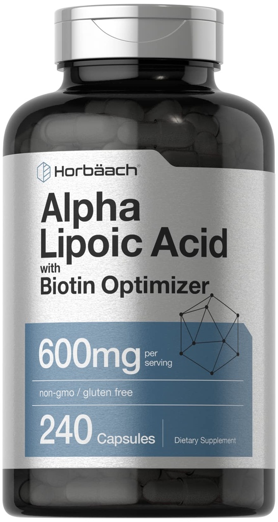 Horbäach Alpha Lipoic Acid 600mg | 240 capsule | con Biotin Optimizer | Non OGM e Gluten Supplemento gratuito