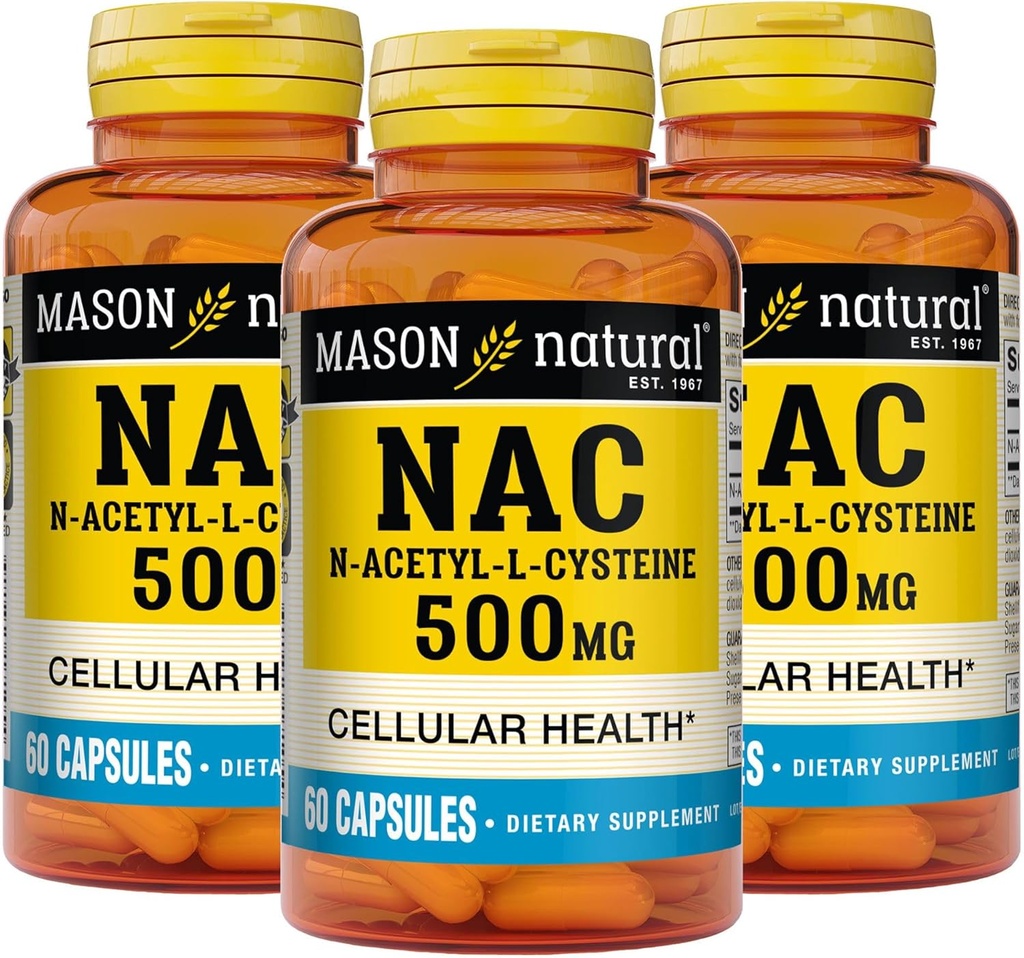 Mason Natura NAC N, Acetyl,L,Cysteine 500 mg, 6 mesi di fornitura, Supporta la salute cellulare normale, Sistema immunitario Booster per il benessere generale, 3 Pack