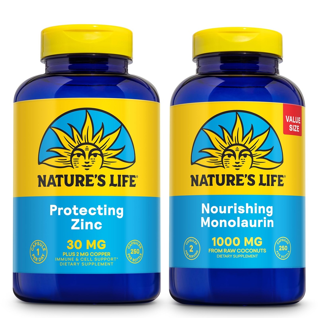 Natura Vita Nutrizione Monolaurin 1000mg 250ct e Protezione Zinco Picolinato 30mg 250ct - Integratori di Supporto per Salute e Immune - Monolaurina da Coccole Raw, Zinco Chelato - Garanzia di 60 giorni