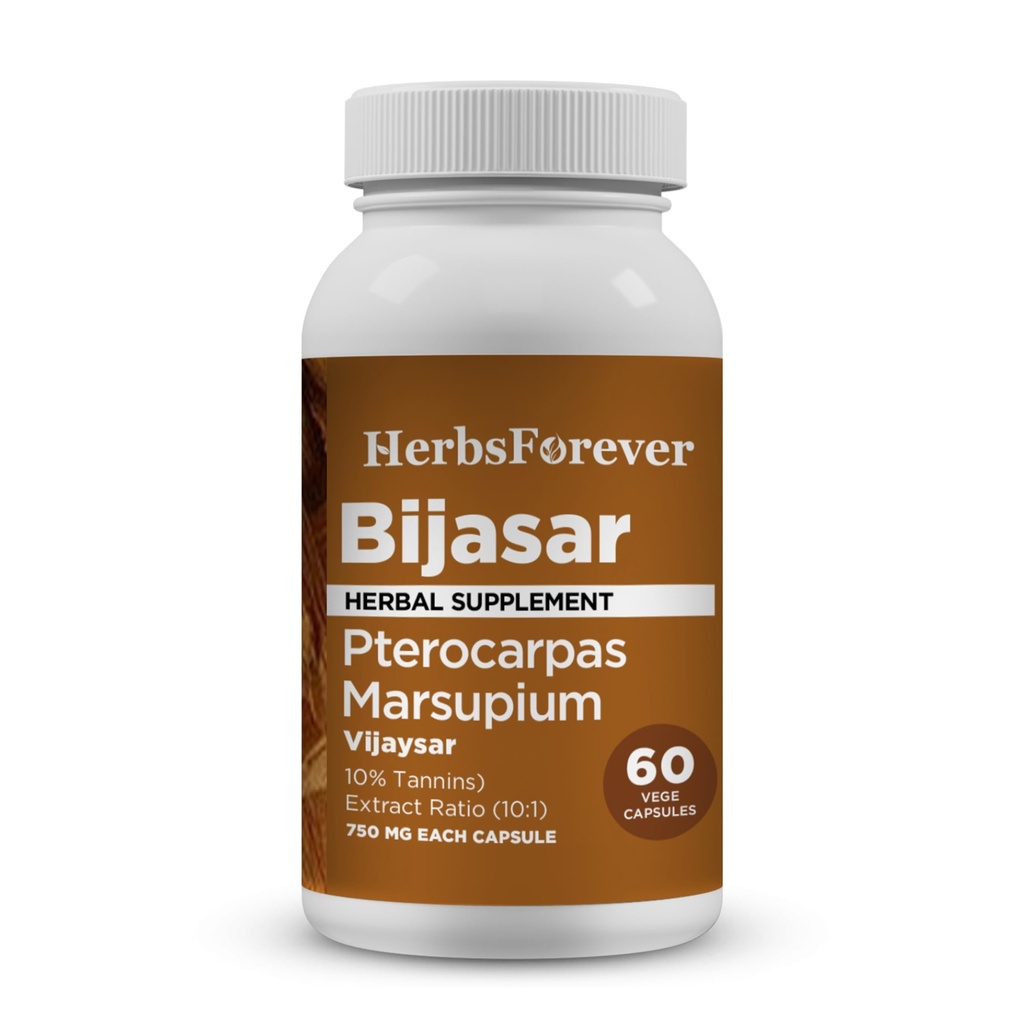 HerbsForever Bijasar(Indian Kino Tree, Malabar Kino)-Extra Strength(10:1) Estrarre,Equiv.to 4800mg Bark Powder Per Serving-Liver Support & Detox Blood Sugar & Purity|10% Tannins|60 Veg Capsules|800mg