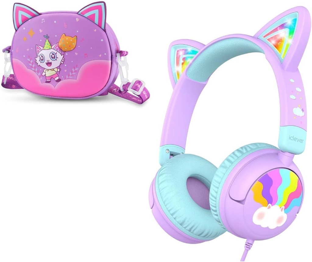 iClever Wired Kids Cuffie Cat Ear Meow Lollipop & Headphones Case Bundles
