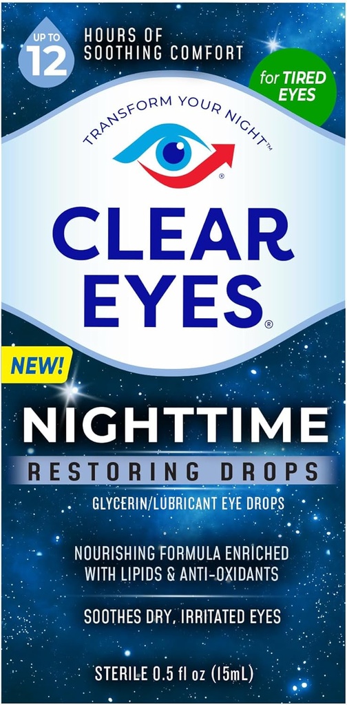 Clear Eyes Nighttime Ripristino delle gocce degli occhi, sicuro per uso notturno per 12 ore di comfort rilassante, 0.5 Fl Oz