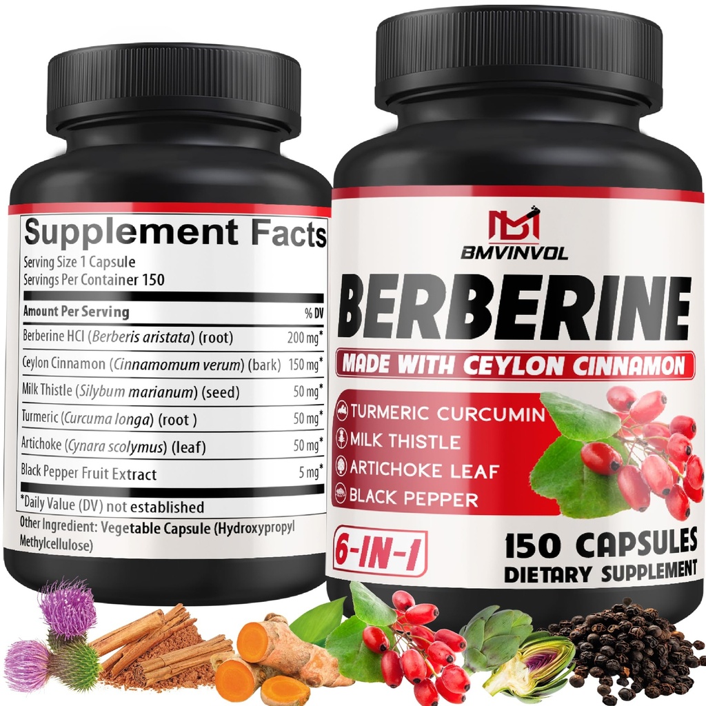 Berberina HCl, 150 capsule - Plus Ceylon Cinnamon, Turmerico, Latte Thistle, Artichoke, Pepe Nero, Berberina HCI Root Supplementi Pillole - Sistema immunitario