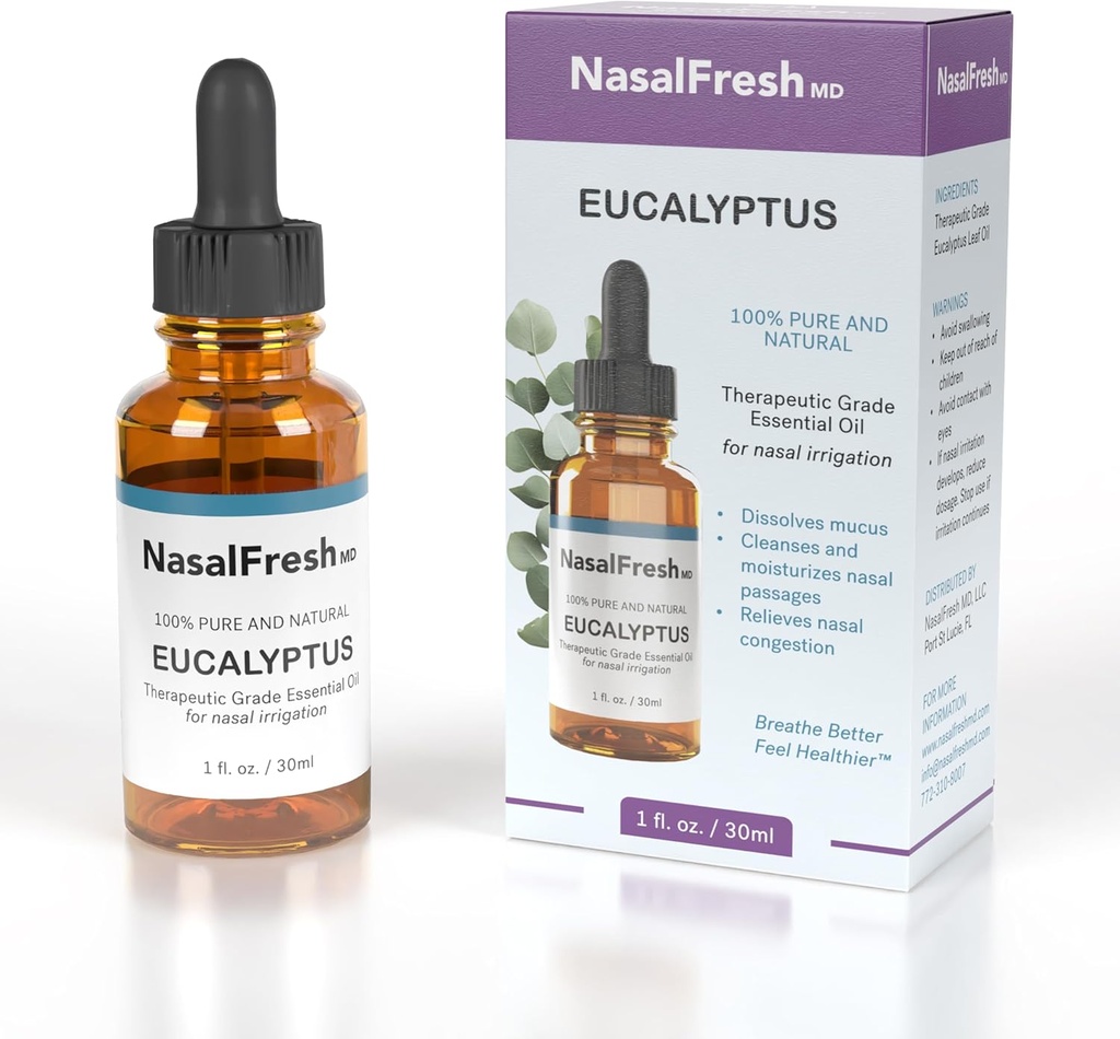 NASALFRESH MD - Olio essenziale di eucalipto - Irrigazione nasale - Rilievo di congestione - Nasal Wash Additivo - Olio essenziale di alto grado - Detergenti & Moisturizes Nasal Passages - 1oz