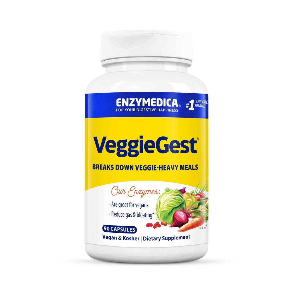 Enzymedica, VeggieGest, Enzimi Digestivi, Supporta Rilievo Occasionale Gas & Bloating dai Pasti Alti Fibra, per Diete Vegane & Vegetariane, Miscela Enzima per la Salute Digestiva, Conteggio 90