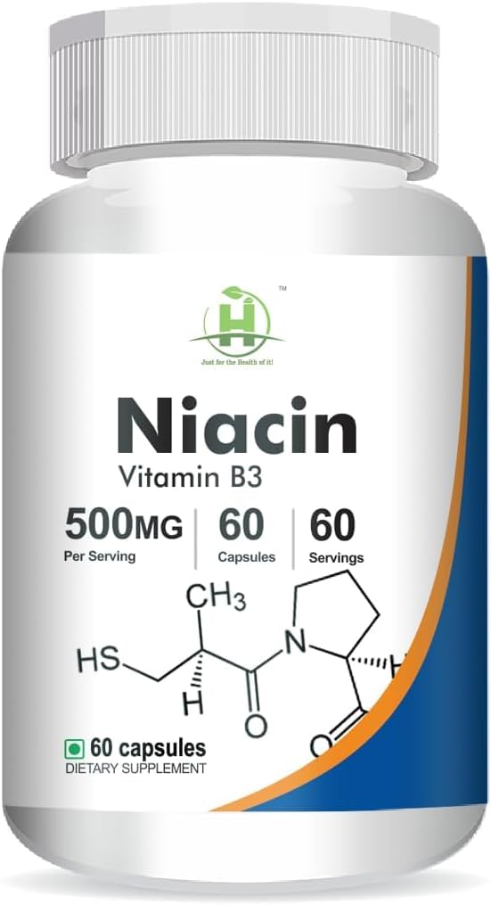 Niacin generico (Vitamin B3) 500mg livelli di energia | Salute della pelle -60 capsule vegetariane -Pack of 1
