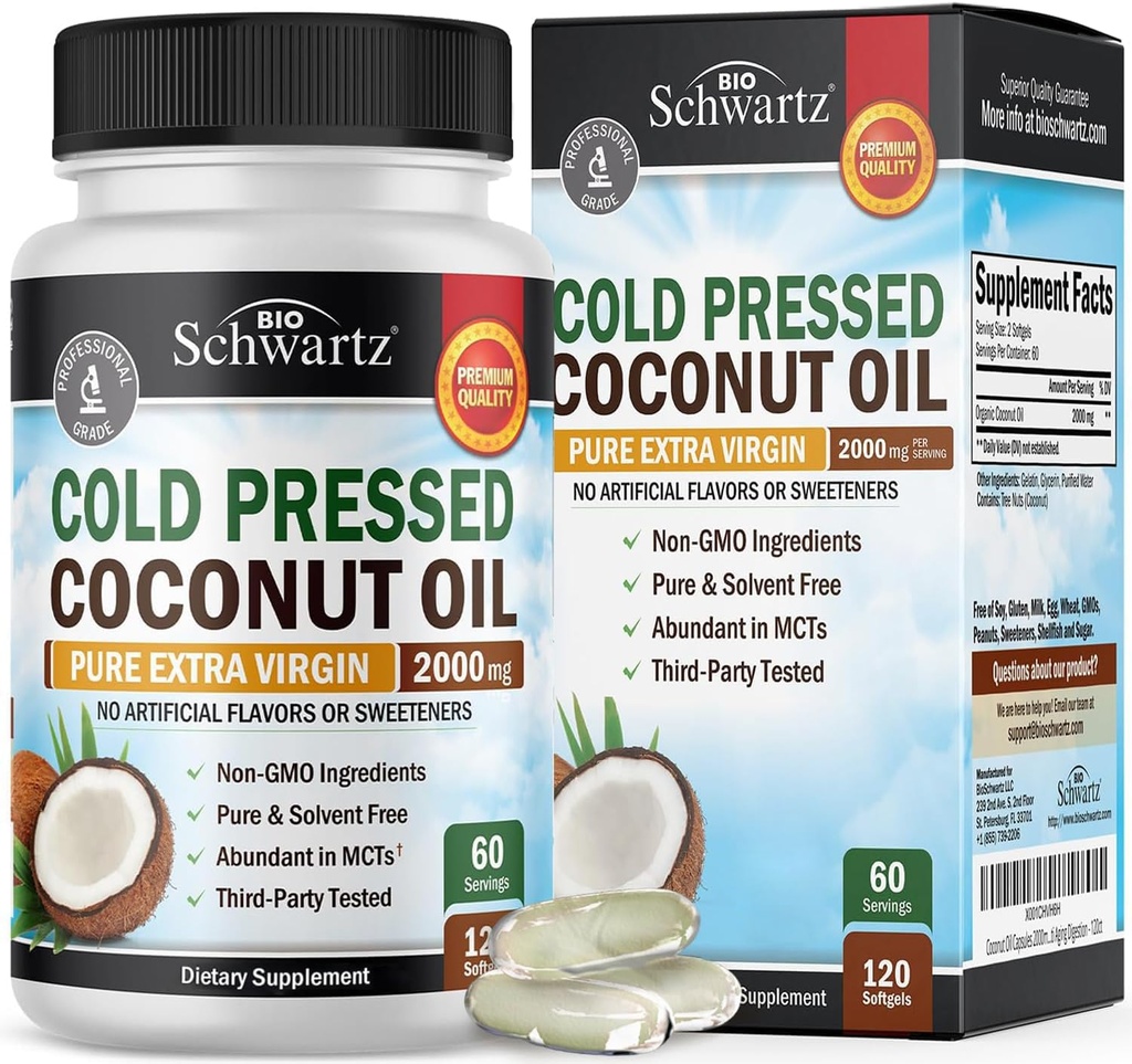Coconut Oil Capsule 2000mg - Organic Pure Extra Virgin Unrefined Cold Pressed MCT Rich & Non-GMO per Chiodi sani Supporto per la crescita dei capelli Bloating Anti Aging Digestion - 120ct (2 mesi di alimentazione)