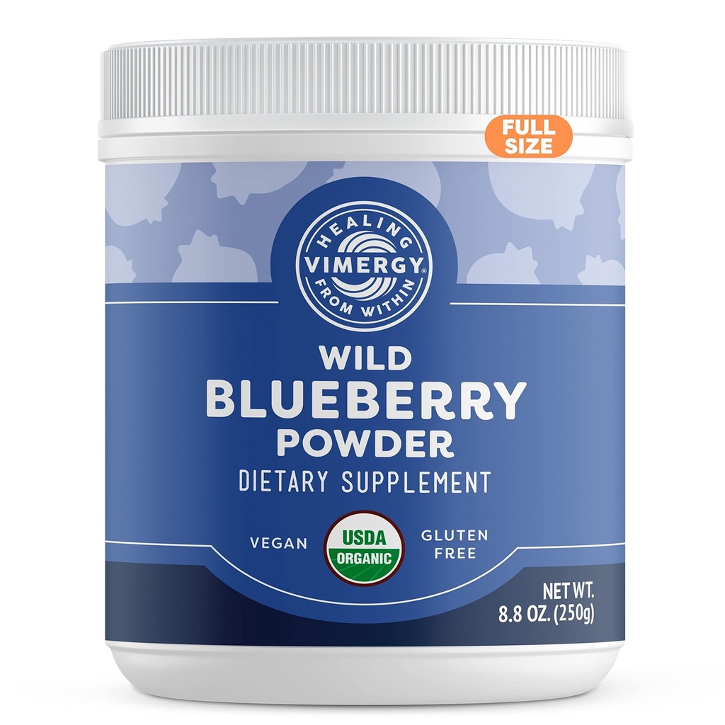 Vimergy Wild Blueberry Powder – Protegge la salute del cervello* - Supporta la funzione cardiovascolare* – Organico, Vegan & Gluten-Free – Dimensione regolare 250g