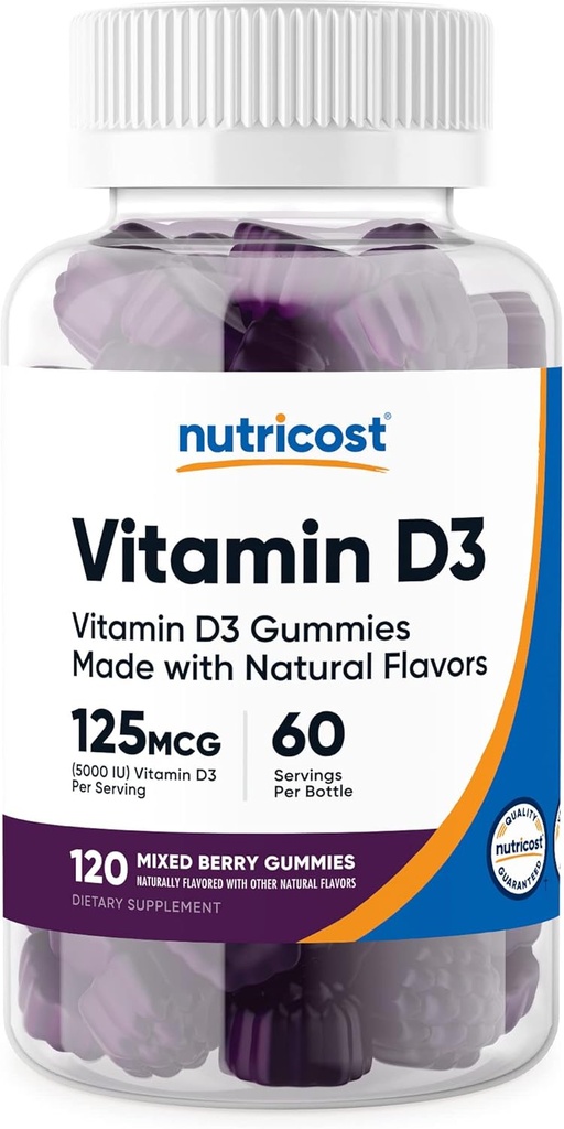 Nutricost Vitamina D3 Gummies 5000 IU (125mcg), 120 Gummies - Aroma di bacche miste, 60 Serve