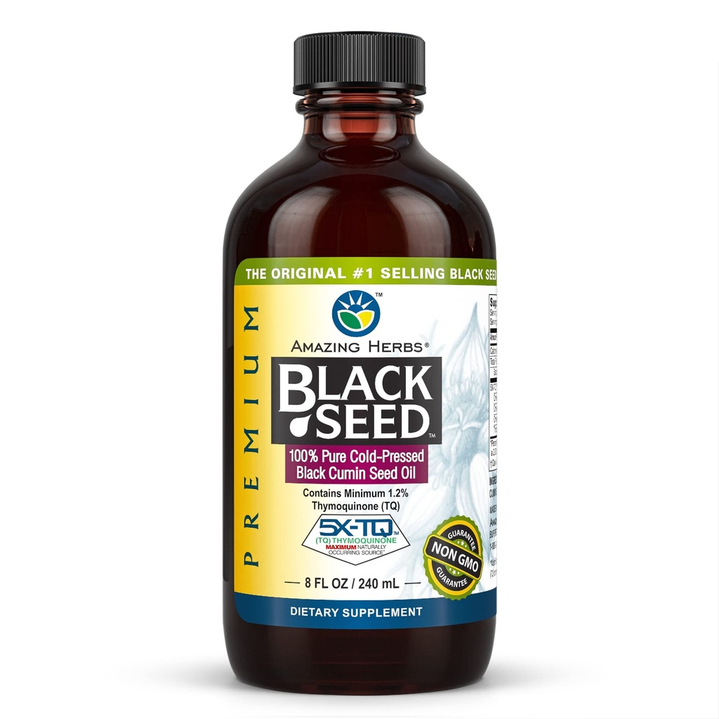 Amazing Herbs Premium Black Seed Oil - Gluten Free, Non OGM, Cold Pressed Nigella Sativa Aids in Digestive Health, Supporto immunitario, Funzione cerebrale - 8 Fl Oz
