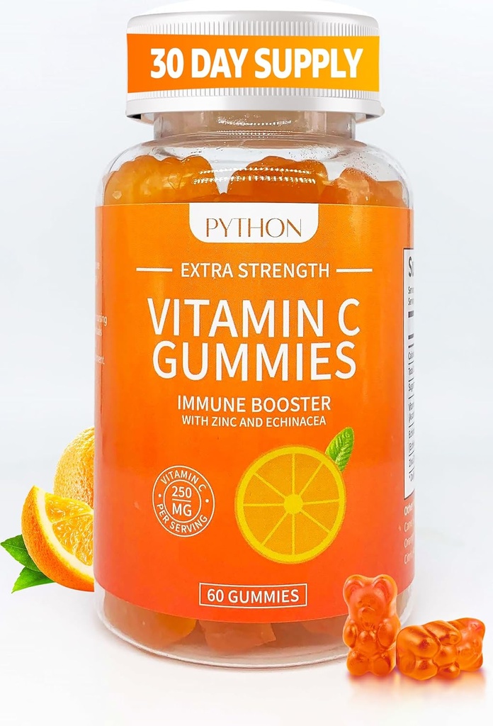 Python Vitamin C + Echinacea Supplemento per Immunità e Salute polmonare, Supporta la produzione di collagene, Idratazione della pelle, Immunità e Salute, 60 Vegan Gummy Chews for Adults & Kids - 1 mese di fornitura