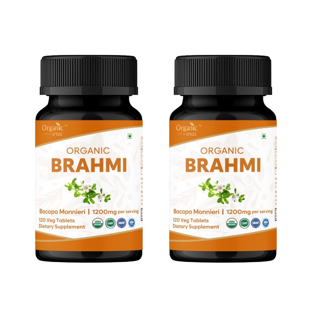 Brahmi 120 compresse – USDA Organic Bacopa Monnieri Supplemento – Supporta Focus, Calm & Memory – Herbal Nootropic* - Confezione da 2
