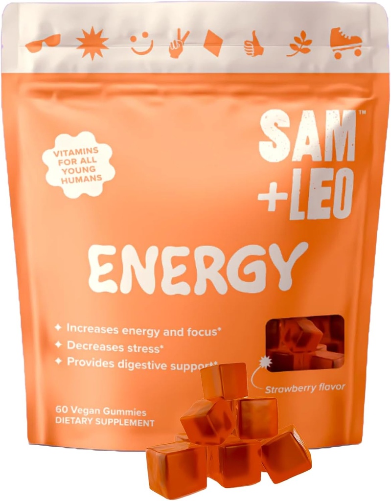 SAM+LEO Energy Gummies per bambini- con Biotin, Vitamina C, B3, B6, e B12 - Tutti Natural & Vegan Gummy per Energy & Focus Supplement per bambini - Stress & Digestive Support, Gummies Strawberry - 60/ct