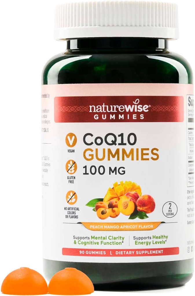 NatureWise CoQ10 Gummies 100mg - Peach Mango Flavor - Supplemento per la salute del cuore e l'attività antiossidante - Pectin-Based, Vegan, Soy and Gluten Free, Non-GMO - 90 Count[45-Day Supply]