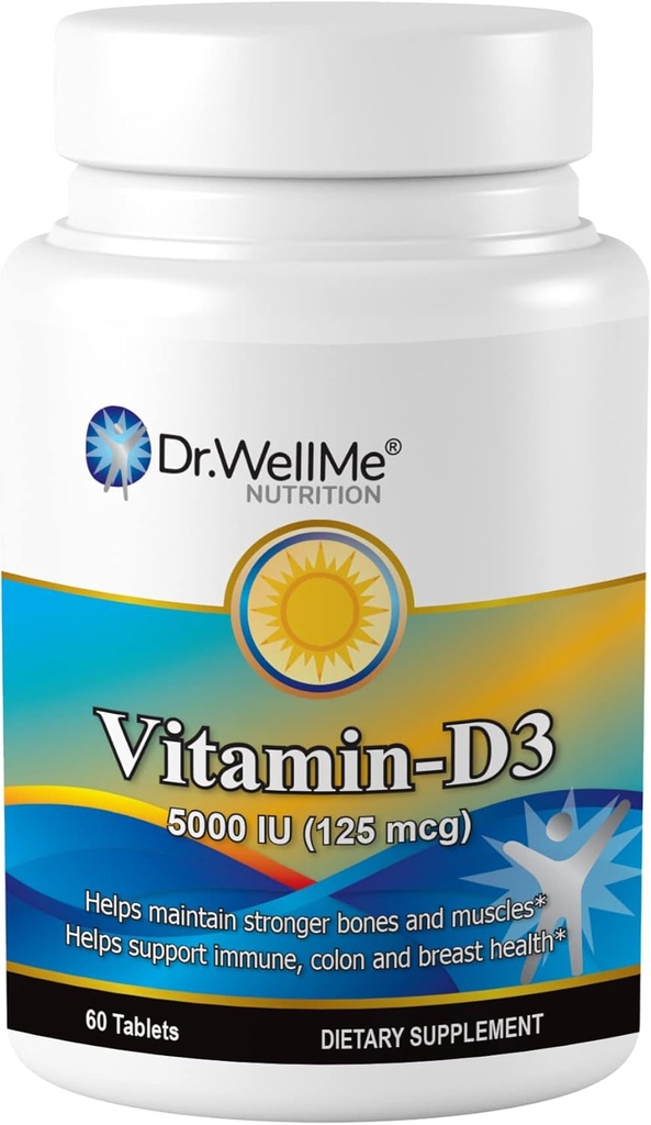 Vitamina D3-5000 IU, Supplemento dietetico ad alta resistenza per Bone, Supporto Muscolo e Immune Sano, 60 compresse Easy-to-Swallow imballato per 2 mesi di alimentazione