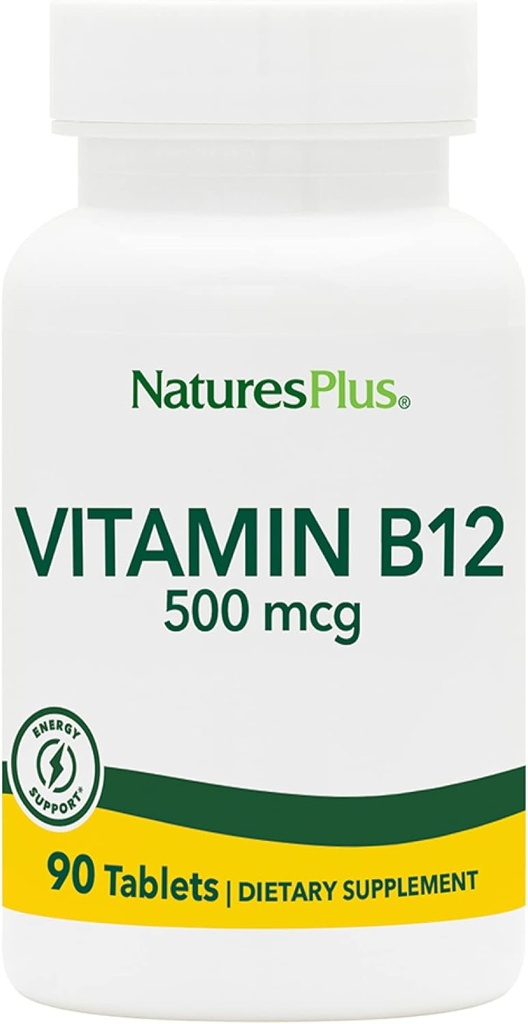 Natures Plus Vitamina B12 (metilcobalamina) - 500 mcg, 90 compresse vegetariane - High Potency Red Blood Cell Support - Natural Energy Booster, promuove la salute generale - Gluten-Free - 90 Serve