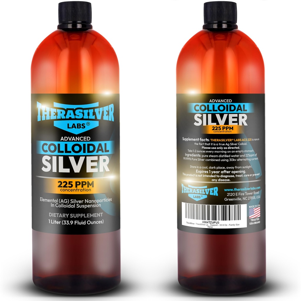 TheraSilver-TheraSilver Labs ACS 225-Advanced Colloidal Silver Liquid-225 PPM-Pure Bioactive Nano Particelle per Supporto Immune-32 Oz-Family Size