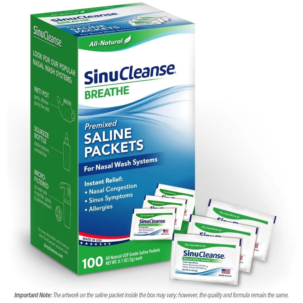 Confezioni Saline Pre-Mixed SinuCleanse per i sistemi di irrigazione Sinus Rinse e Nasal, 100 Count, Made in USA, All-Natural, Pharmaceutical Grade e PH Balanced
