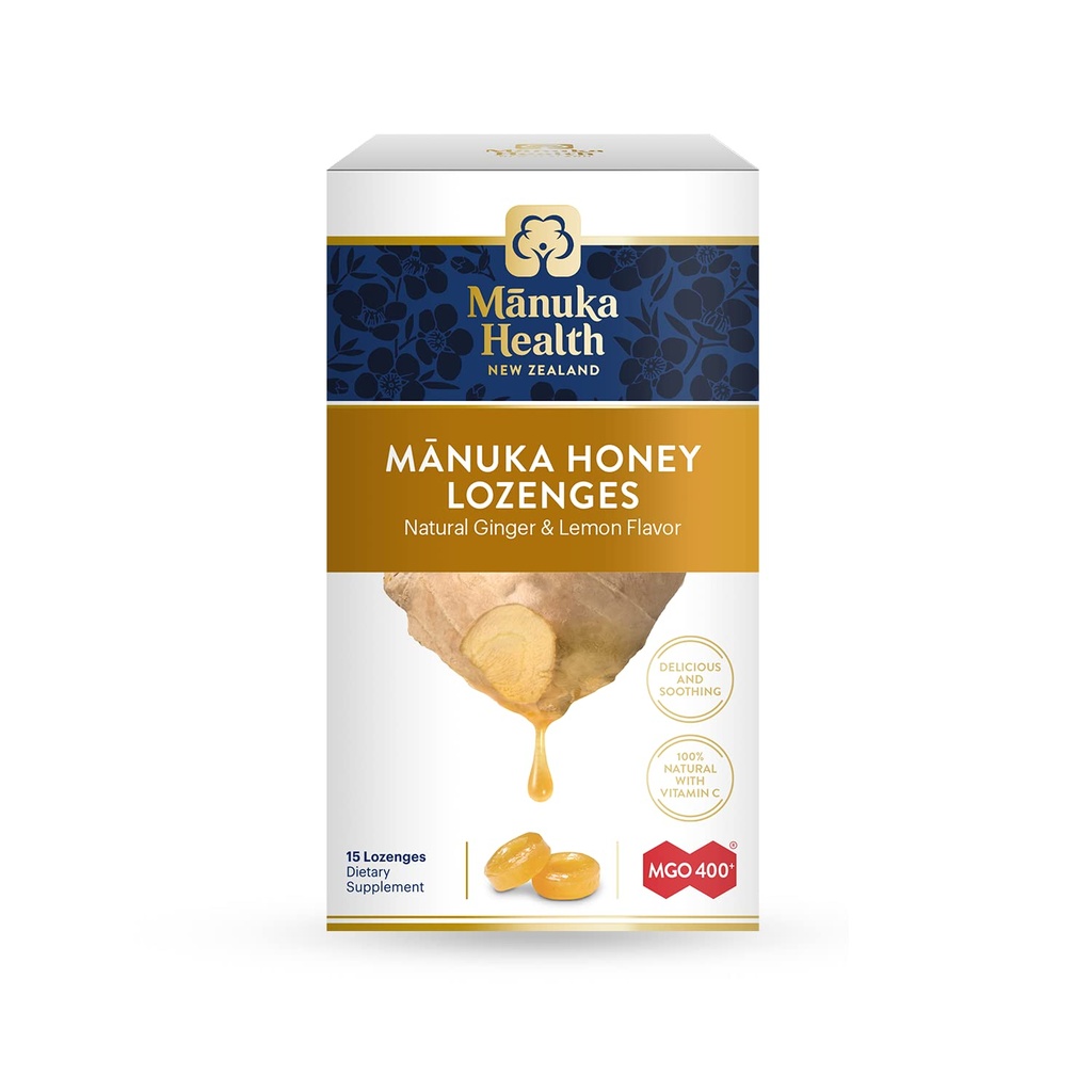 Manuka Health Manuka Honey Lozenges – 15 Limoni e Ginger Lozenges aromatizzati – Natural Throat Lozenges Infuso con Raw Manuka Honey e Vitamina C per il supporto immunitario
