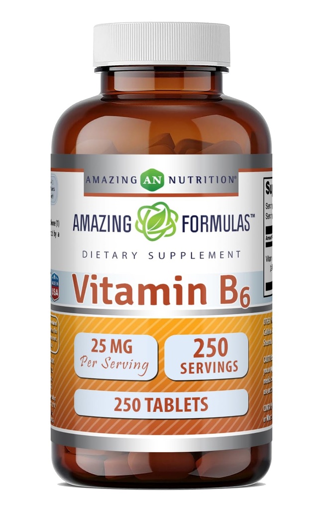 Stupefacente formula vitamina B6 Pyridoxine 25mg 250 compresse supplemento | Non OGM | Gluten Free | Made in USA