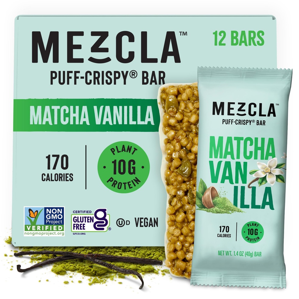 Mezcla Puff Crispy Protein Bars, Gluten Free & Vegan Protein Bars, 10g Protein, Alt for Crispy Rice Treat, Granola Bars & Breakfast Bars, Snack sani per adulti, Matcha Vanilla, 12 Pack