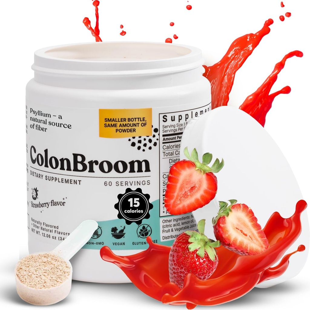 Polvere di Husk di Psyllium di ColonBroom (Strawberry) - Pulitura del colon per il sollievo di Bloating & Gut Salute - Polvere di fibra di ginestra del colon Bevanda - Vegan, Gluten Free, Non-GMO Fiber Powder Supplement, 60 Servings