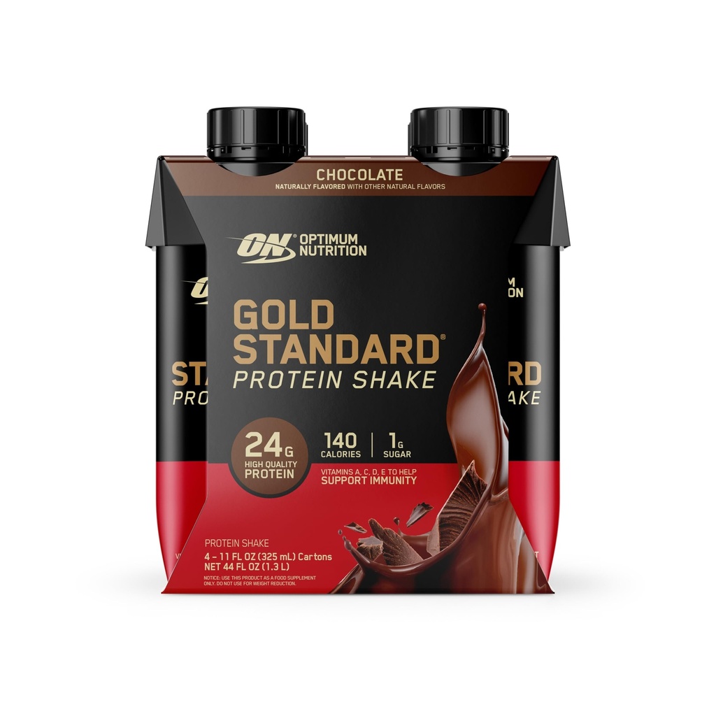 Optimum Nutrition Gold Standard Protein Shake, 24g Protein, Pronti a Bere Protein Shake, Gluten Free, Vitamina C per Supporto Immune, Cioccolato, 11 Fl Oz, Confezione da 4 (Packaging May Vary)