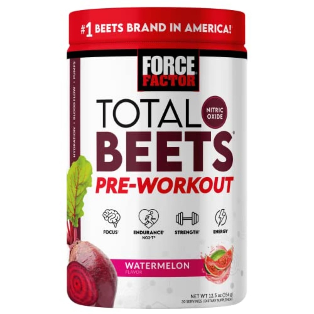 FORCE FACTOR Total Beets Pre-Workout Polvere per aumentare l'energia e l'eccedenza, aumentare la resistenza, e migliorare il flusso sanguigno e pompe, Nitric Oxide Supplement con polvere di radice di barbabietola, anguria, 30 Serve