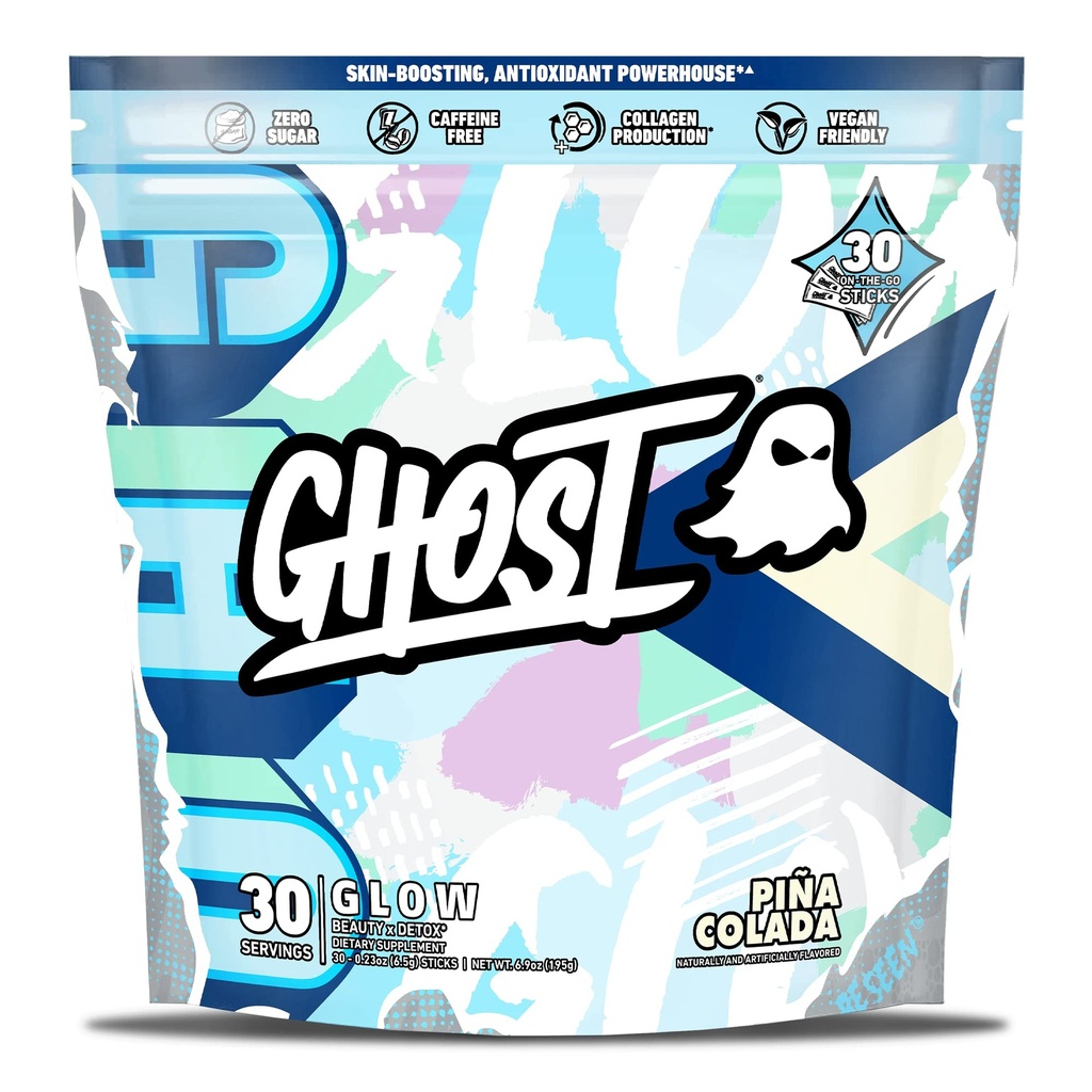 GHOST Glow Sticks: Beauty and Detox Supplement - 30 On-The-Go Stick Packs, Pina Colada - Acido ialuronico, Biotin & L-teanina per il supporto per la pelle-Boosting – Sugar Free, Gluten Free