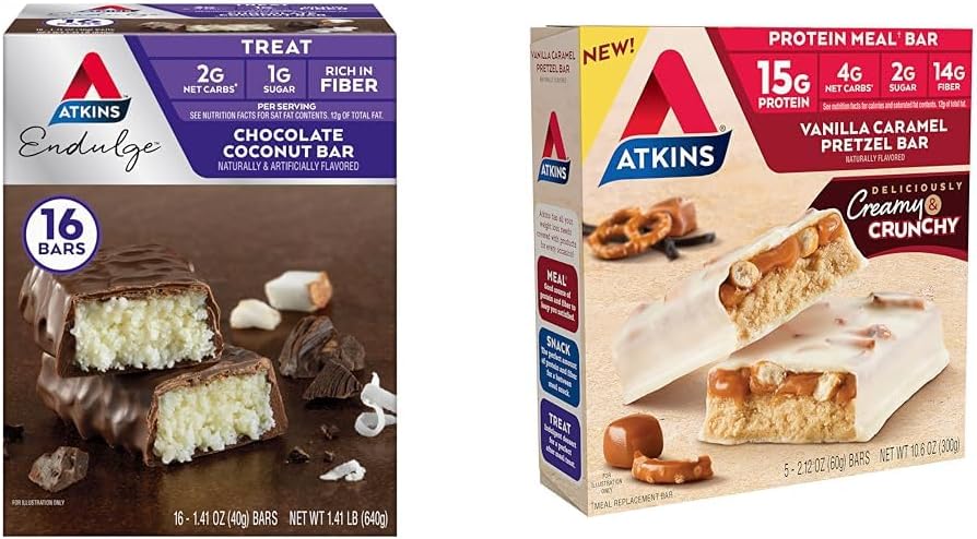 Atkins Chocolate Coconut Bar 16 Conte, Vanilla Caramel Pretzel Protein Meal Bar 5 Conte