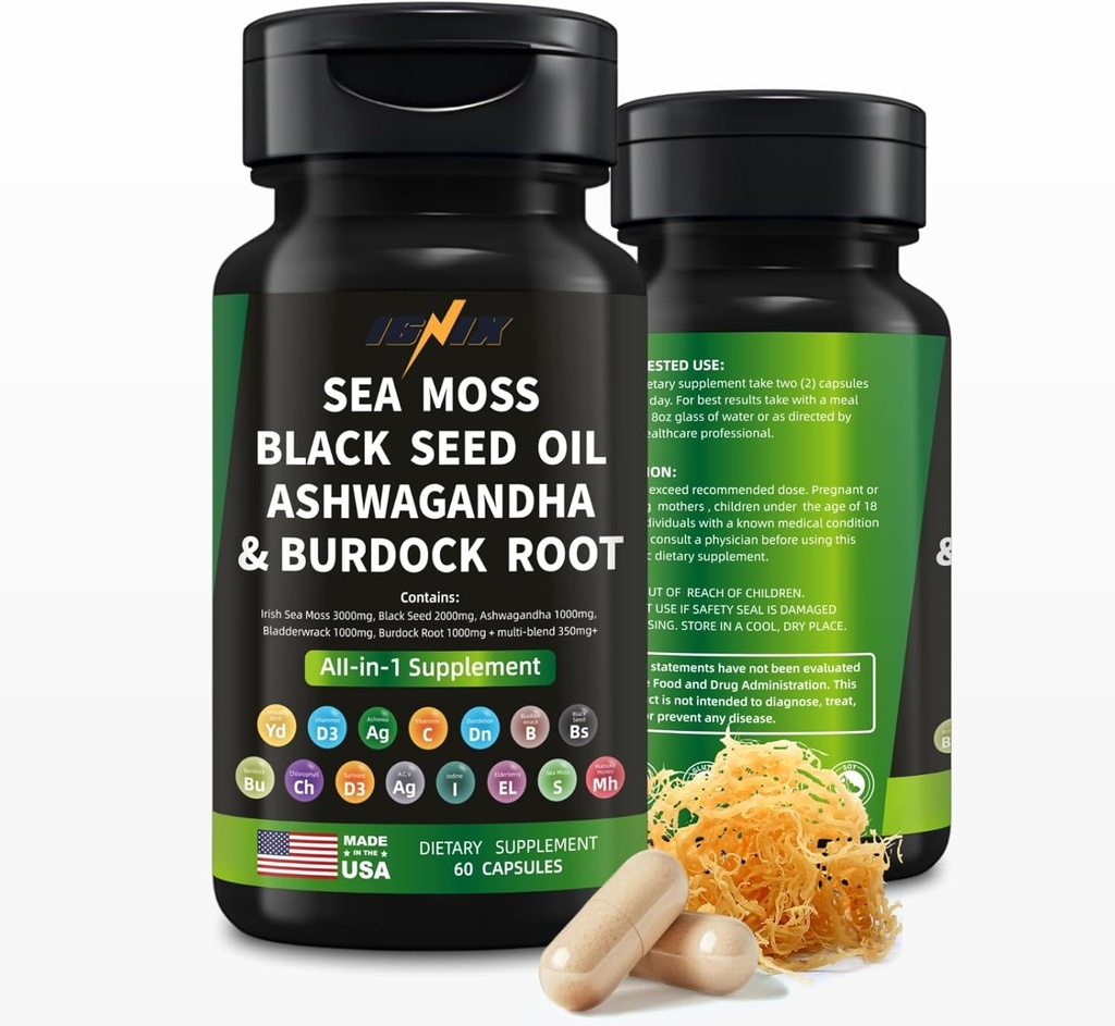 IGNIX Integratore alimentare con Sea Moss, Black Seed Oil, Ashwagandha e Burdock Root-Irish Sea Moss 3000mg, Black Seed 2000mg, Ashwagandha 1000mg, Bladderwrack 1000mg, Burdock Root 1000mg.