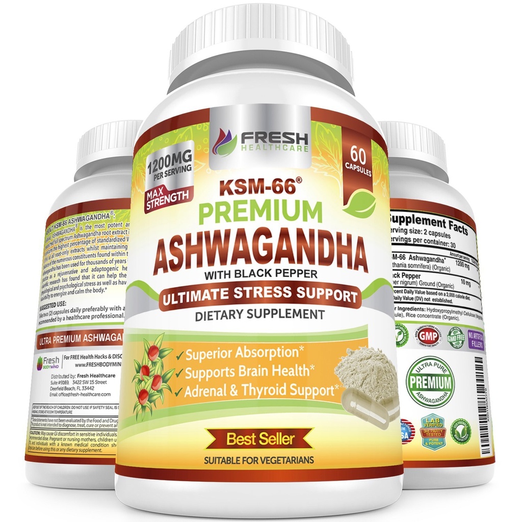 FRESH HEALTHCARE Ashwagandha Capsule KSM-66 1200mg puro estratto di radice con pepe nero per alto assorbimento - Potente Ashwagandha Supplemento - 60 capsule vegan