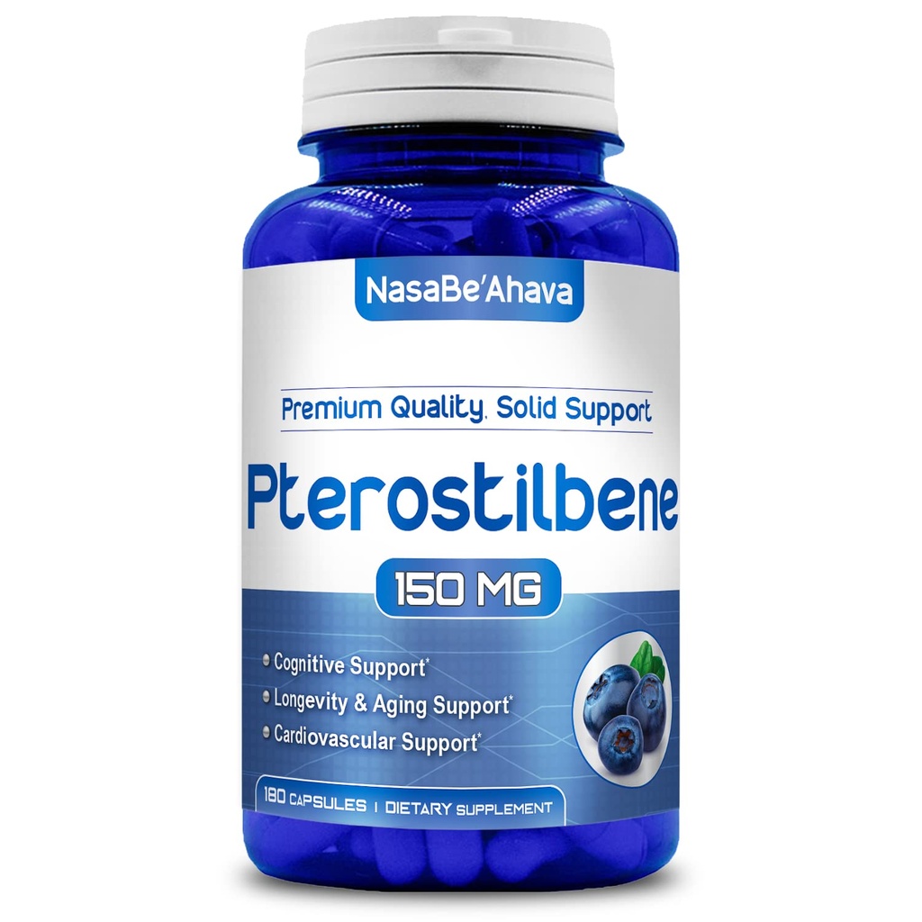 Supplemento Pterostilbene ad alta resistenza | Vegan Friendly 150mg Pterostilbene Capsules | Antiossidante Supplemento per l'invecchiamento del cuore Immune e il supporto del cervello | Made in the USA (180 Day Supply)