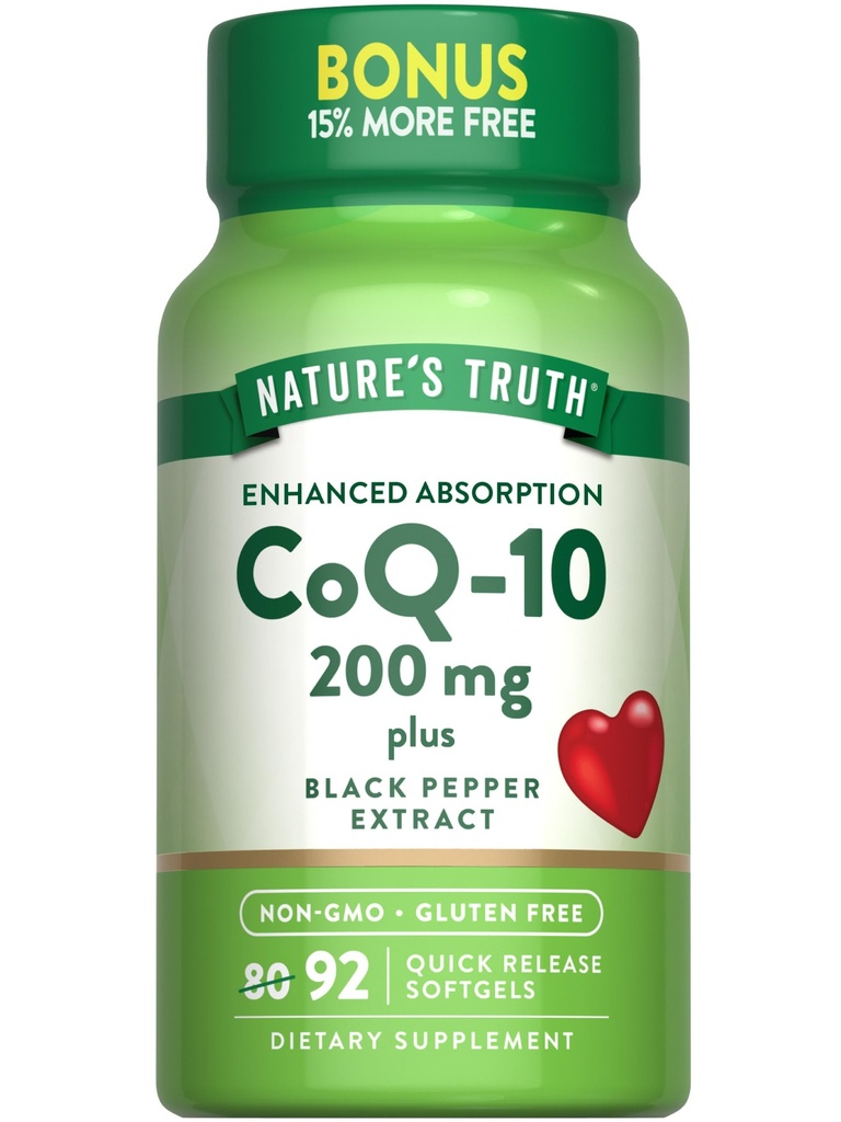 Verità naturale CoQ10 200 mg Softgels | 92 Count | Absorbimento potenziato | con estratto di pepe nero | Non-OGM & Gluten