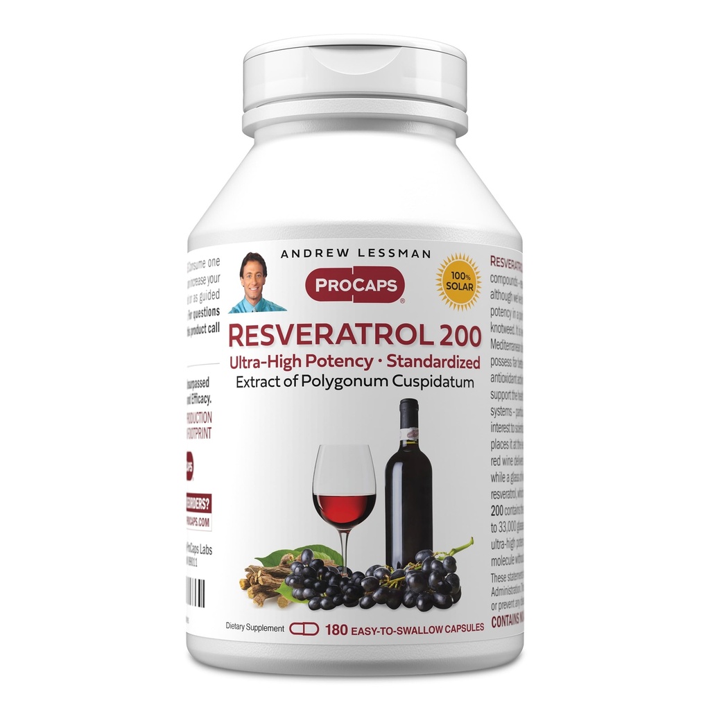 ANDREW LESSMAN Resveratrolo-200mg - 180 Capsules - Beneficial del Vino Rosso, Naturally Occurring Antiossidante, Senza Alcol. Additivi gratis