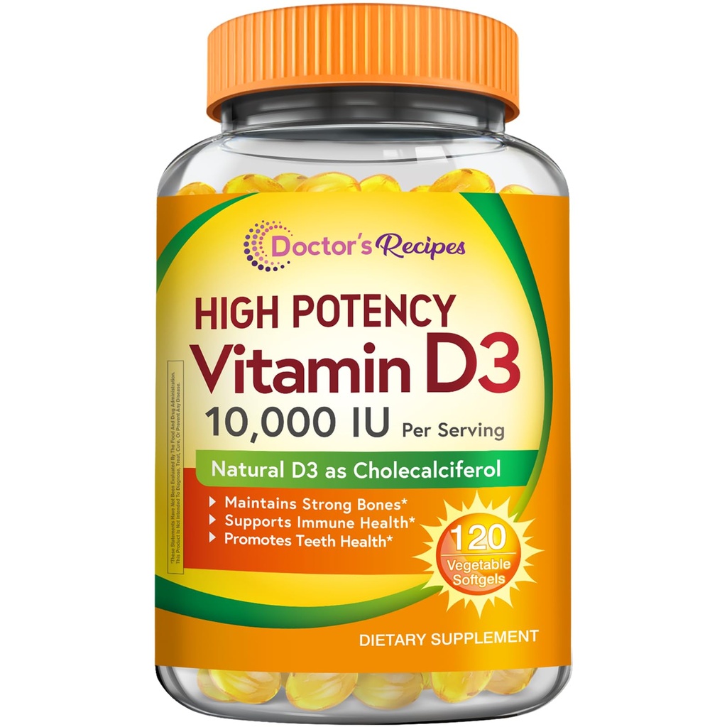 Ricette del dottore Vitamina D3 10000 UI, Ossa, denti, e supporto immunitario, Non OGM, No Gelatina, Gluten o Soia, 120 Softgel vegetariani