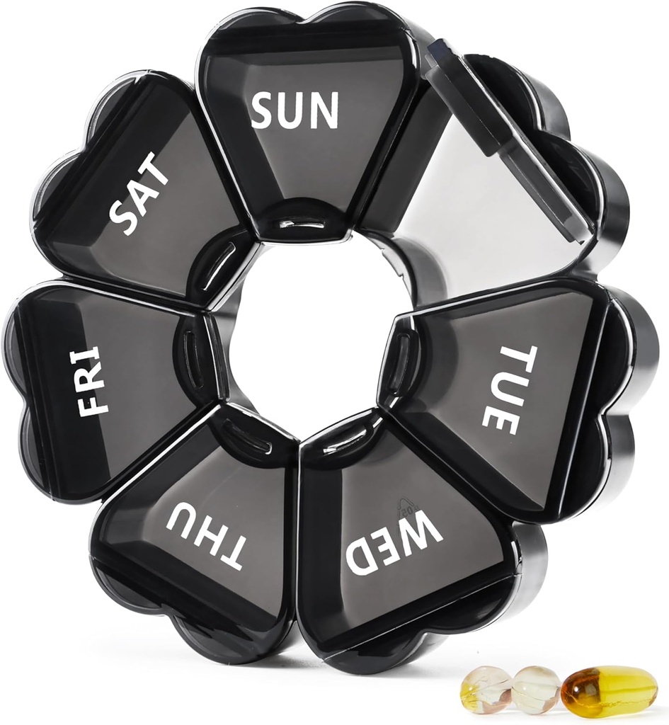 MOLN HYMY Large Pill Organizer 7 giorno, Pretty Weekly Pill Box Case, Cute Girly Medicine Dispenser Container per vitamina, pancia, farmaci, supplemento (nero)