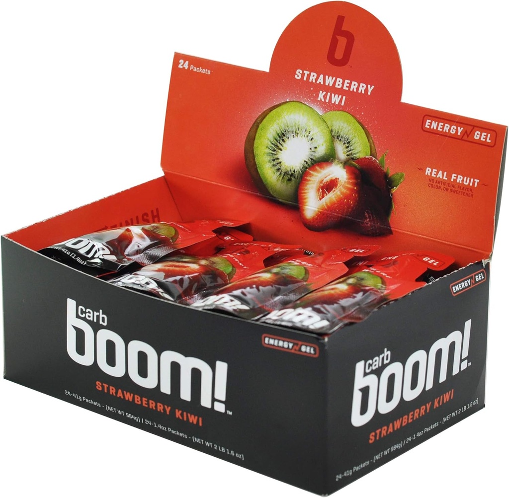 Boom Nutrition - Carb Boom Energy Gel - Gel di energia aromatizzata alla frutta - Gel di allenamento - Gel di energia per ciclismo - Gel running - Gel di energia naturale - Fragola Kiwi (24 Pack)
