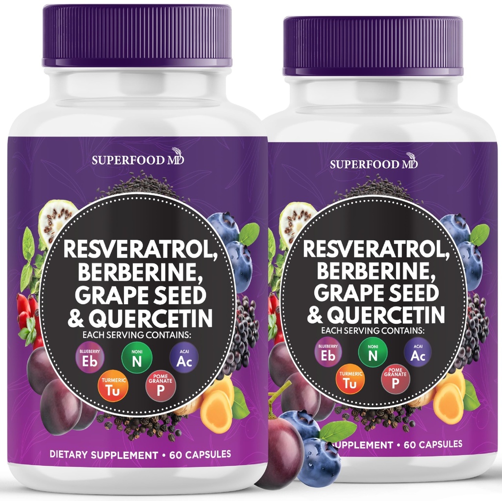 Estratto di semi di bacche di resveratrolo Quercetina - Supplemento di polifenolo con Estratto di noni, Cisteina di N-Acetil, Estratto di Acai - Made in USA - 120 capsule