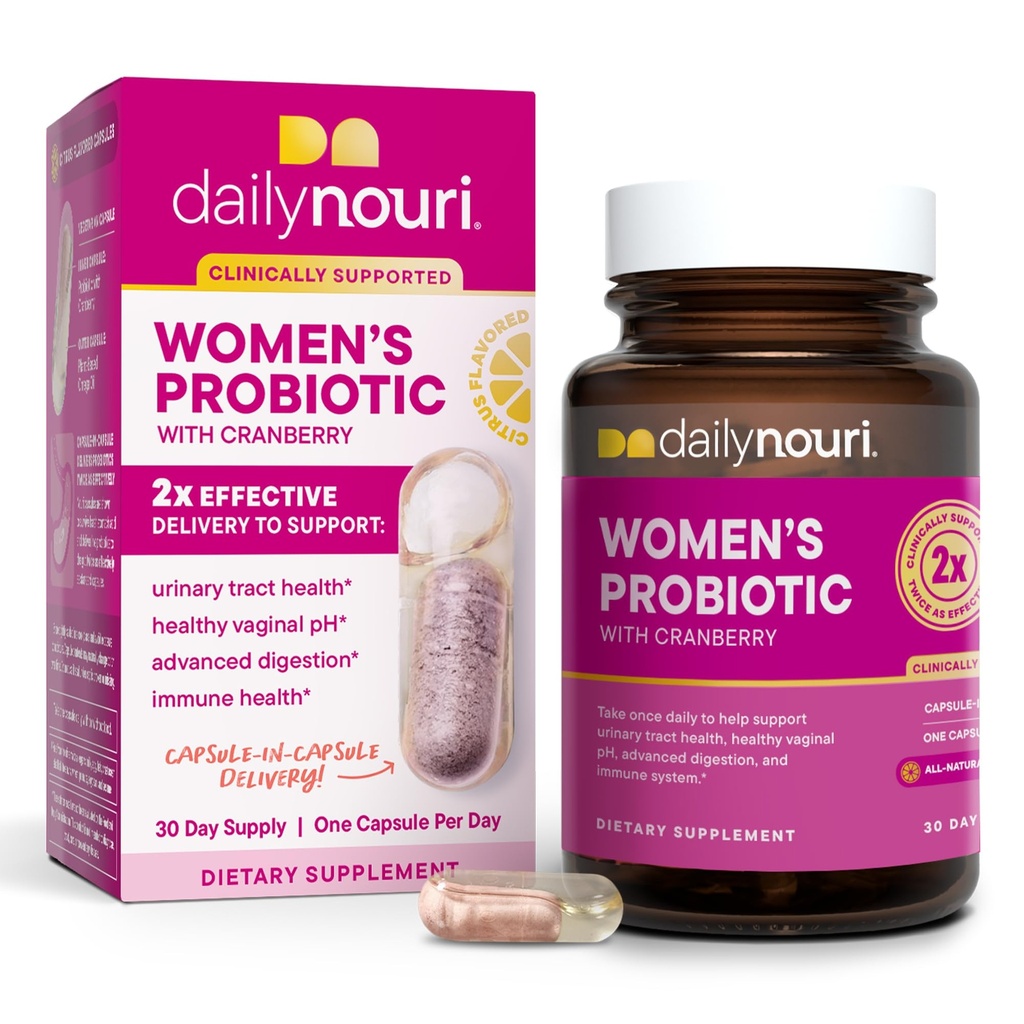 Probiotici quotidiani Nouri per le donne | Salute vaginale + supporto del tratto urinario | pH vaginale & Microbiome Balance | 5 Strains clinicamente studiati + Cranberry & Omega | Alimentazione di 30 giorni