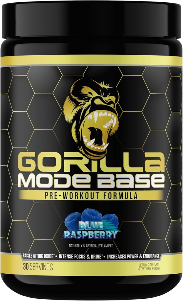 Gorilla Mind Base Pre Workout - Raises Nitric Oxide Intense Focus & Drive Endurance Power - L-Citrulline, L-Tyrosine, Betaine, Alpha-GPC, Caffeina, Huperzine A - 360 Grammi (Blue Raspberry)